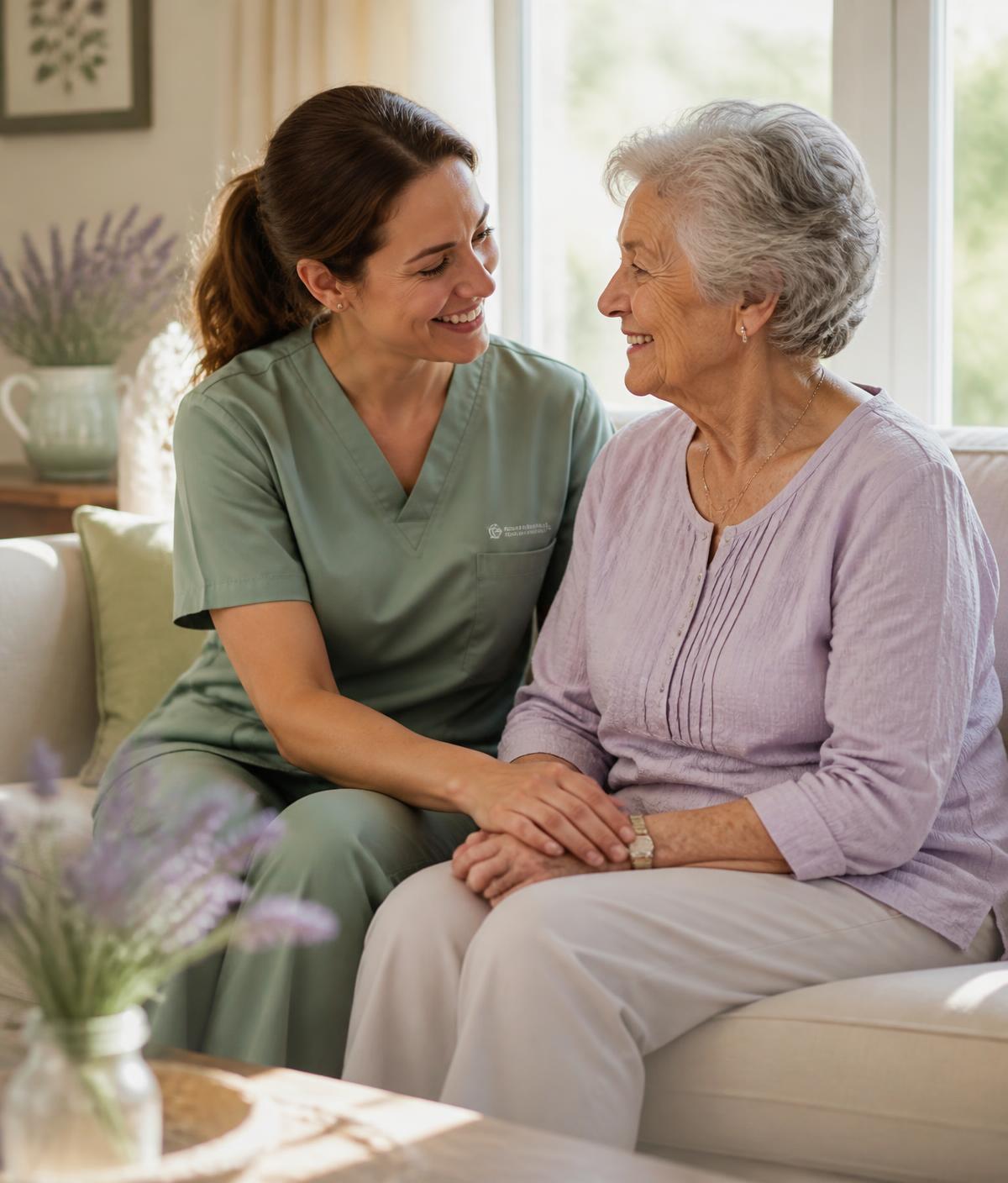 A smiling home caregiver holding hands with a senior client in a sunlit living room